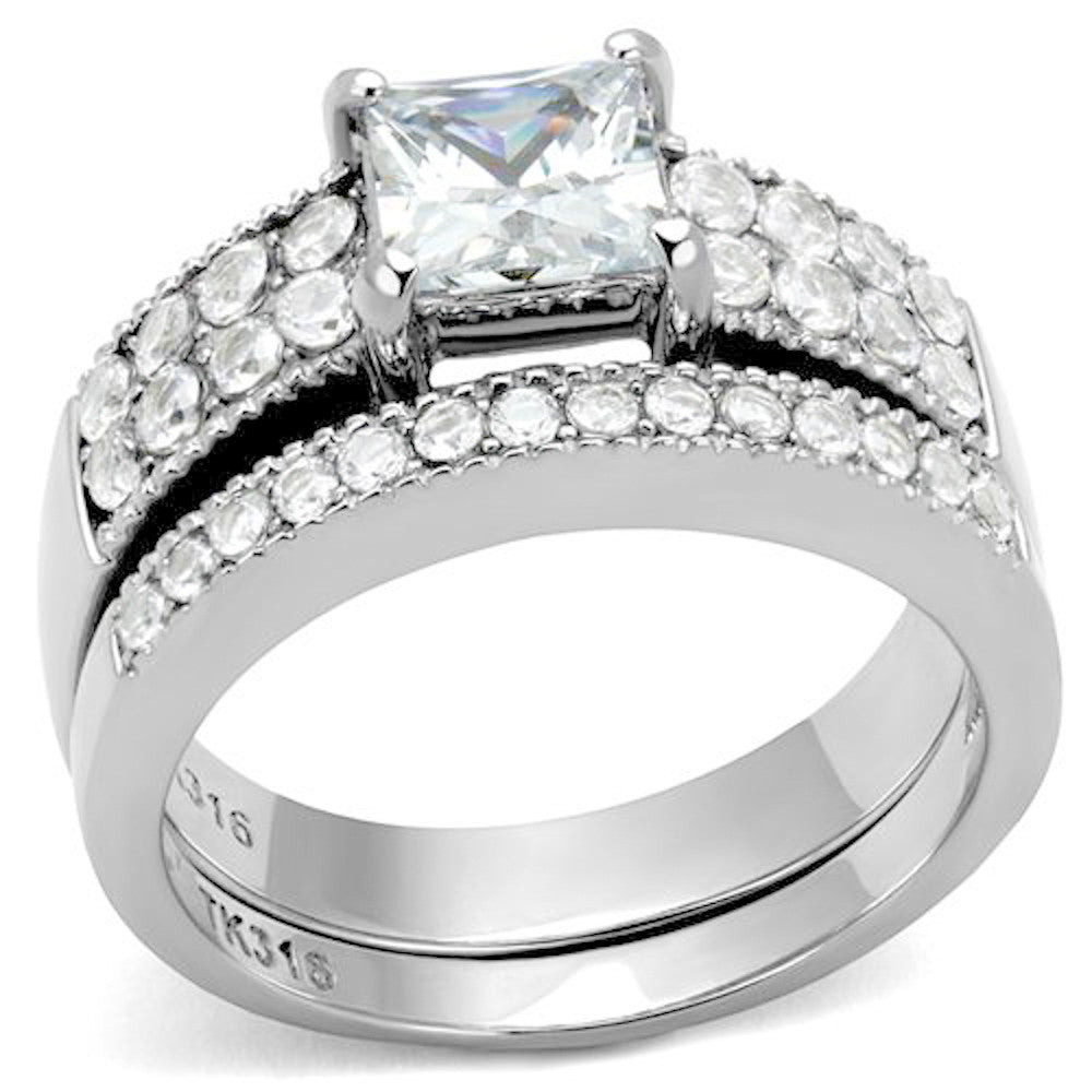 ARTK2915 Women's 2.07 Ct Princess Cut Zirconia Stainless Steel Wedding Ring Set Size 5-10
